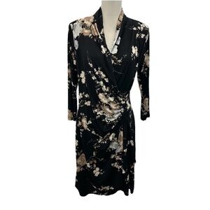 Karen Kane Cascade Wrap Dress Womens XL Long Sleeve Black Floral V Neck